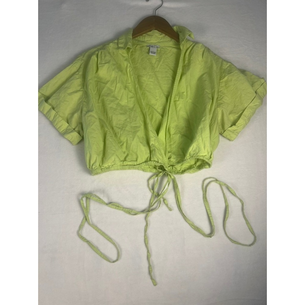 Wm L Cropped Tie Front Top Lime Green Cotton‎ Y2K Mcbling Festival Retro Summer